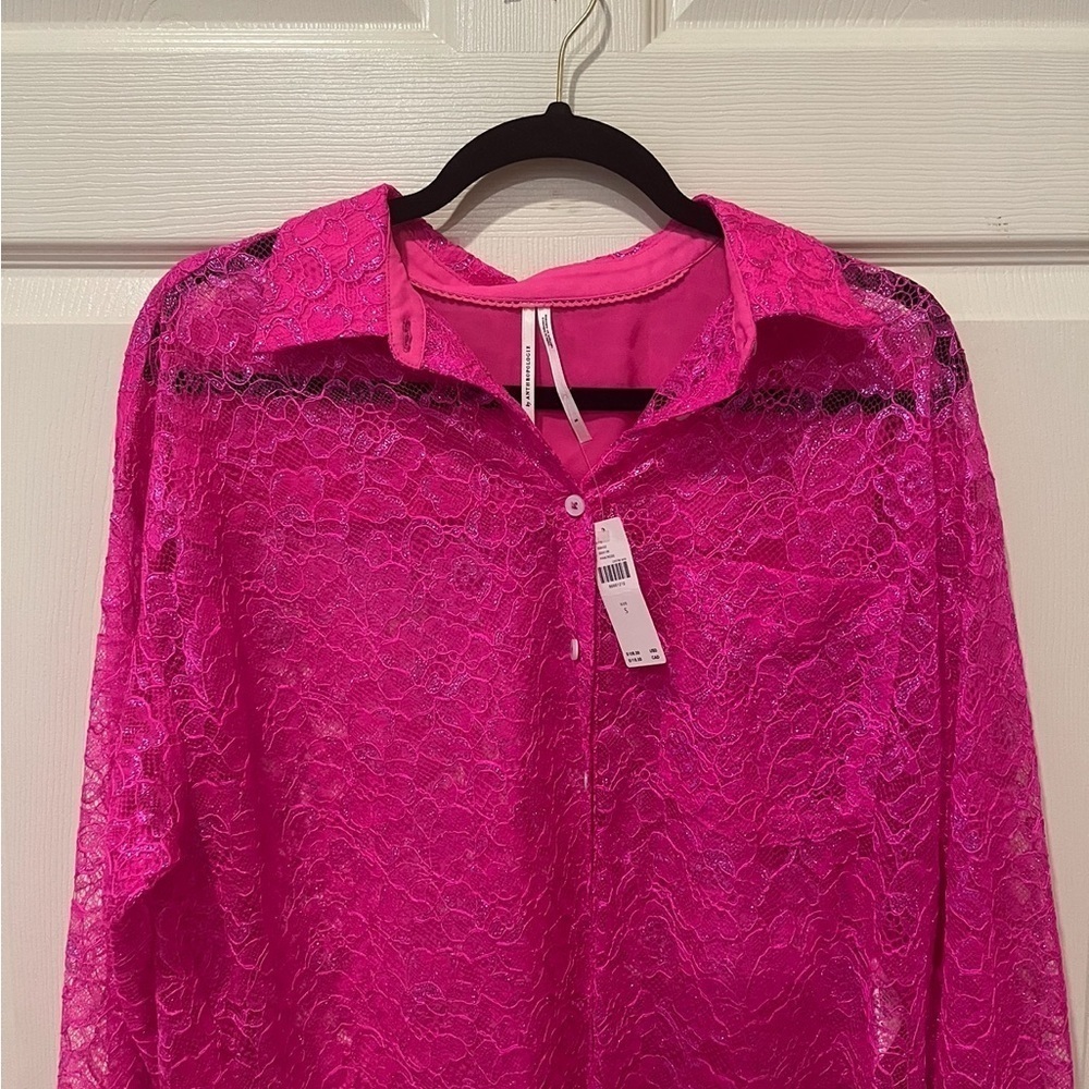 Anthropology NWT metallic lace hot pink button down, small - Picture 4 of 7